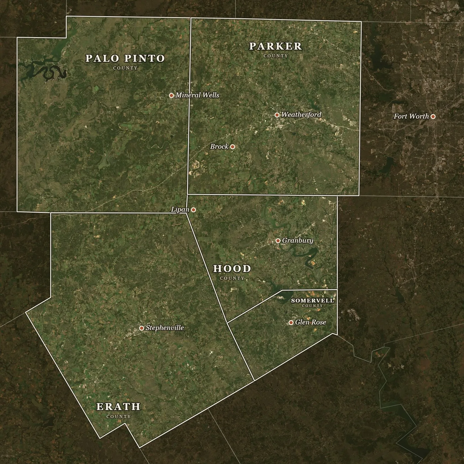 Satellite map of Parker, Hood, Somervell, Palo Pinto and Erath counties, west of Fort Worth