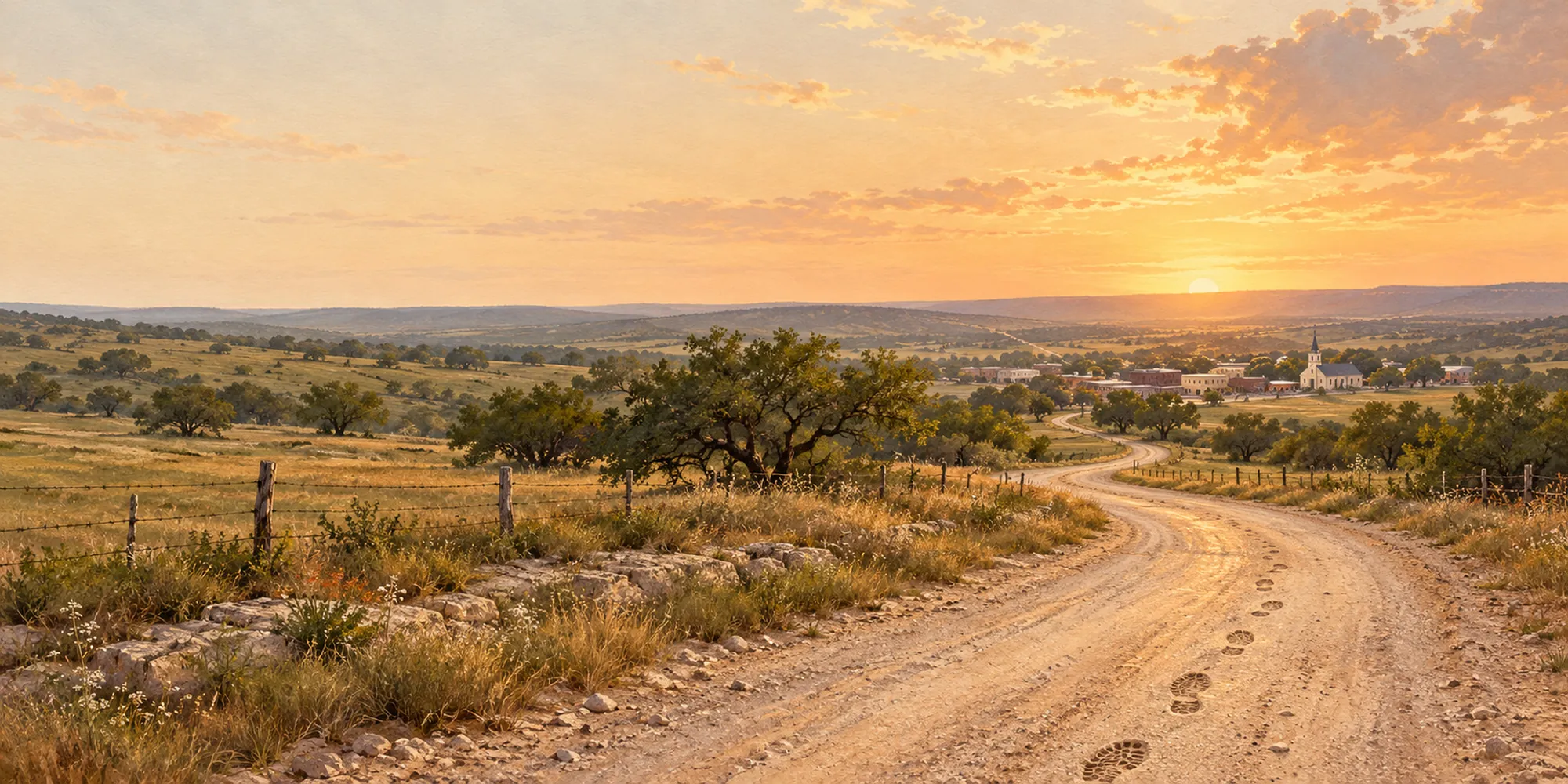 A country road in North Central Texas at golden hour, footprints leading toward a small town and church
