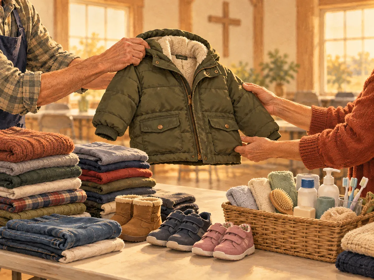 A volunteer holding up a child's winter coat beside folded clothes and shoes
