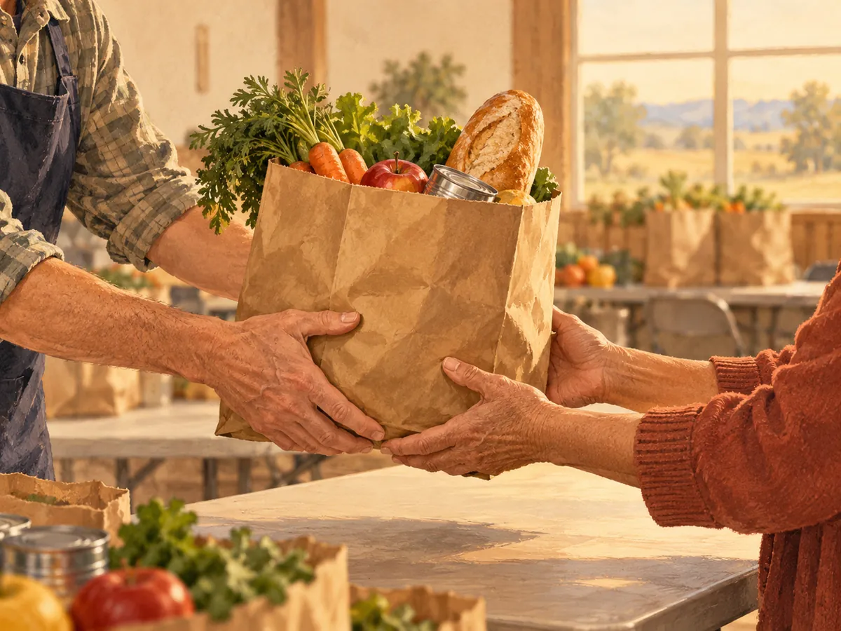 Hands passing a bag of groceries across a table