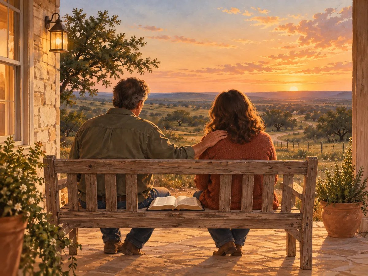 Two people on a porch bench at dusk, one with a hand on the other's shoulder, an open Bible between them
